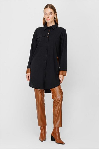 Esswaap Black Leather Tunic - Pocket Detailed