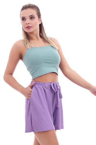 Cotton Mood 20064507 Knitted Crepe Pocketed Tie-Up Elastic Waist Shorts Lila