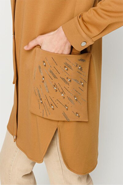 Esswaap Torba Cep Üzeri Taş Işli Fermuar Kapamalı Git Çık Tunik Camel