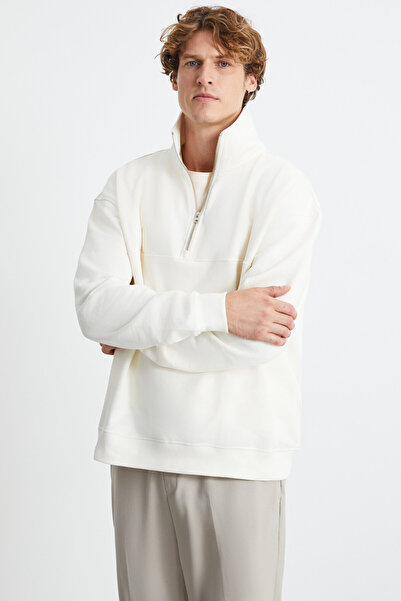 GRIMELANGE Andrıck Erkek Organik Pamuklu Dik Yaka Yarım Fermuarlı Ekru Sweatshirt