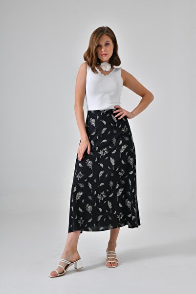Saade Siyah Çiçekli Midi Dokuma Etek