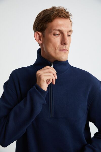 GRIMELANGE Ανδρικό φούτερ Andrıck από οργανικό βαμβακερό γιακά με μισό φερμουάρ Navy Blue
