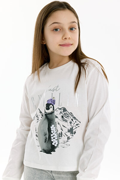 Kyron 100% Cotton Penguin Printed T-Shirt για κορίτσια - Εκρού