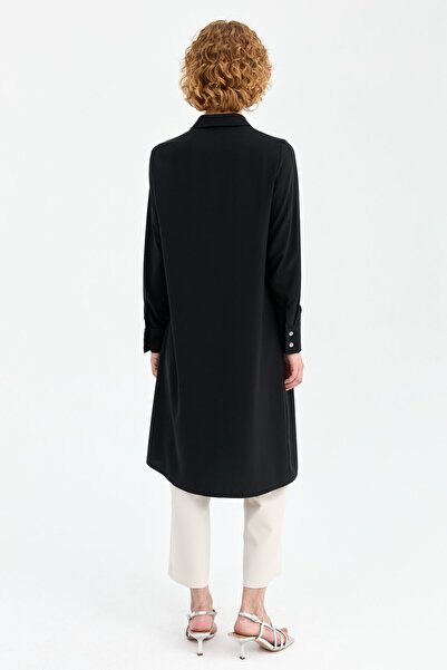 Esswaap Gizli Patlı İnci Aksesuar Detaylı Uzun Tunik  Siyah