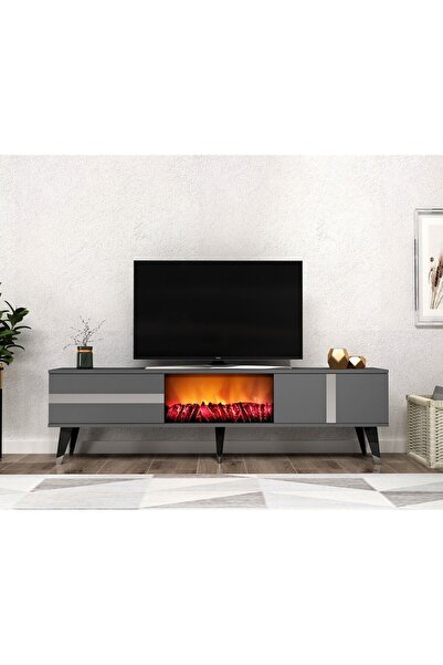 DEMONTE DECOR VANİA TV SEHPASI ŞÖMİNELİ (ALT MODÜL) ANTRASİT-GÜMÜŞ