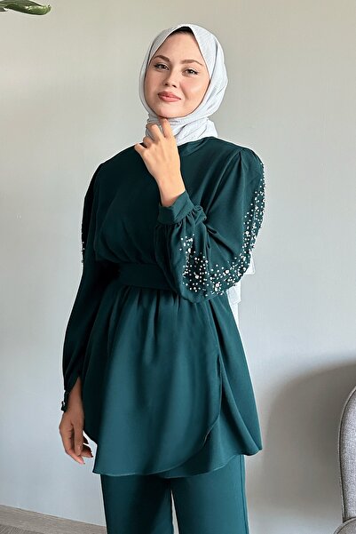 InStyle Kolu İnci Beli Büzgülü Zümrüt Yeşili Takım