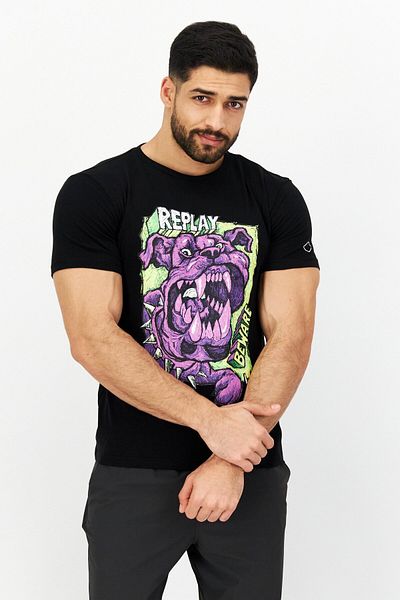 Replay Men Crew Neck Short Sleeve Graphic Print T Shirt, Black