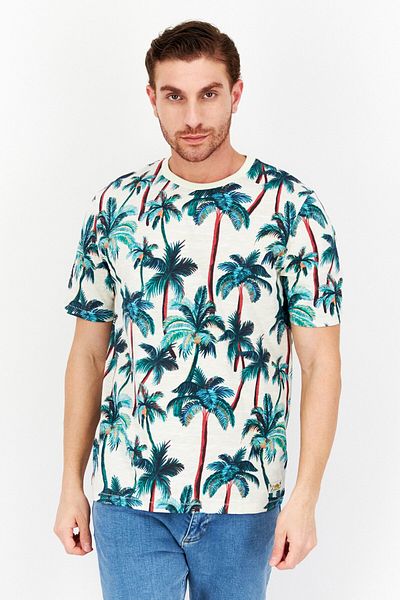 Scotch & Soda Men Crew Neck Short Sleeve All Over Printed T Shirt, White Combo
