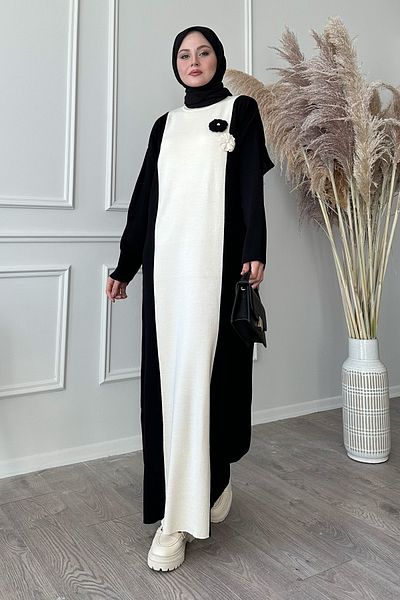 InStyle Λεπτομέρεια λουλουδιών Διπλό Χρώμα Μαύρο Πλεκτό Φόρεμα