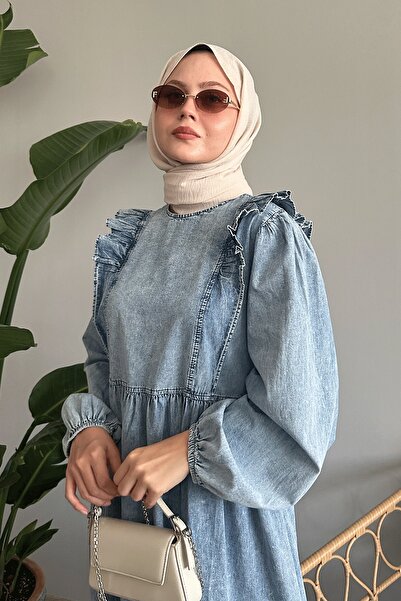 InStyle Μπλε τζιν φόρεμα με βολάν με μπαλόνι