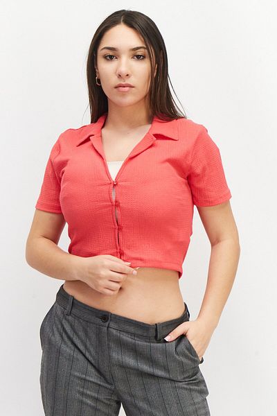 Sinsay Women Spread Neck Short Sleeves Solid Top, Pink