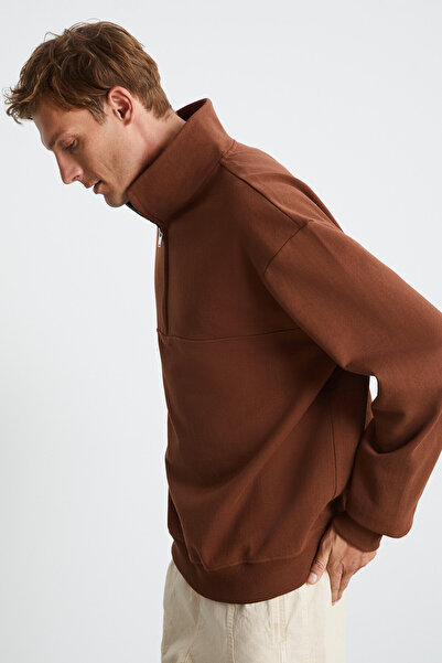 GRIMELANGE Ανδρικό φούτερ Andrıck από οργανικό βαμβακερό γιακά με μισό φερμουάρ καφέ