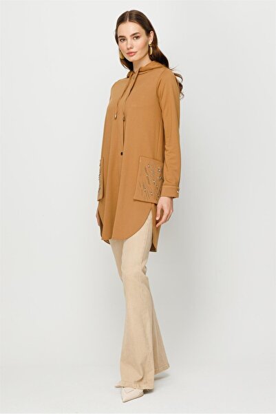 Esswaap Torba Cep Üzeri Taş Işli Fermuar Kapamalı Git Çık Tunik Camel