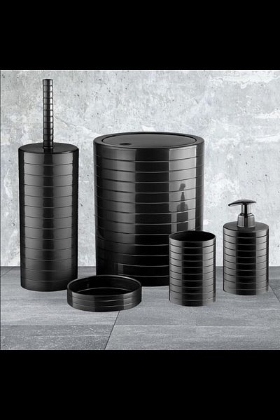 Karçiçeği Home Round Bathroom Set with Black Striped Detail 5 Pieces Acrylic