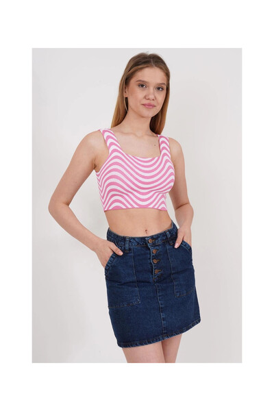 Cotton Mood 23256429 - Pink Knitwear Zebra Patterned Square Collar Crop Tank Top