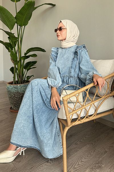 InStyle Rochie din denim albastru cu mâneci cu balon cu volane