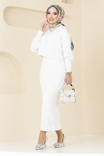 ModaMerve Stone Colored Crew Neck Knitwear Dress Combination - 4045Uz1029-M