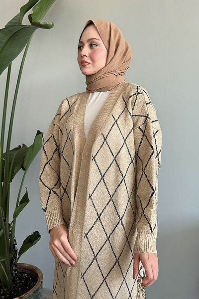 InStyle Baklava Pattern Long Beige Knitwear Cardigan