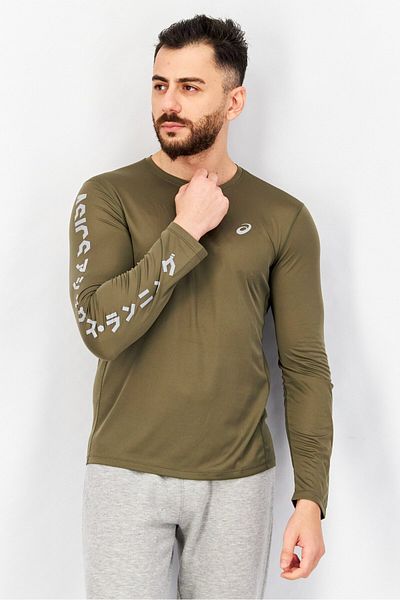 Asics Men Regular Fit Long Sleeve Brand Logo Running T-shirt, Olive