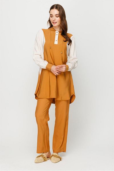 Esswaap Garni Detailed Comfortable Fabric Hooded Tunic Tan