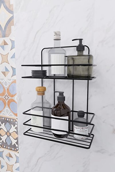 Evistro Banyo Köşe Rafı 2 Katlı Siyah Şampuanlık Duvara Monte Vidalı