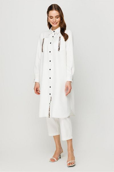 Esswaap Leopard Stripe Detailed Snap Closure Tunic Ecru