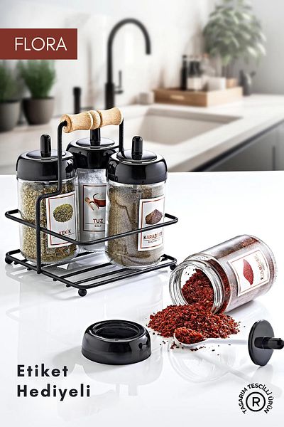 GRİMOR Life Glass Spice Jar Set with Metal Stand and 4 Spoons 300 cc - Flora Spice Set - With Label Gift