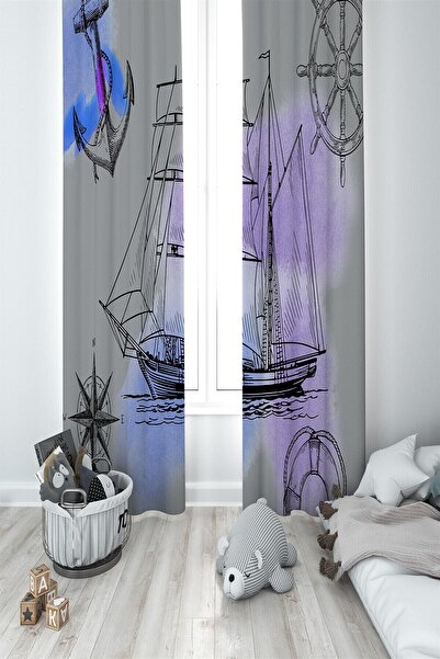 MEKTA HOME Children's Baby Room Ship Patterned 2 Wing Background Curtain Mkt-036