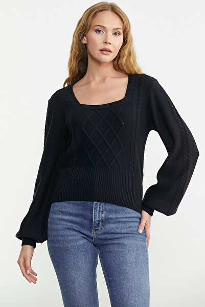 Sementa Pulover din tricot cu mânecă largă cu gât pătrat - negru