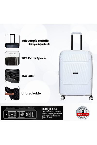 Rower Hardshell PP TSA Suitcase,Unbreakable Expandable 4 Double Wheels,4Pcs Luggage Trolley Set WHT