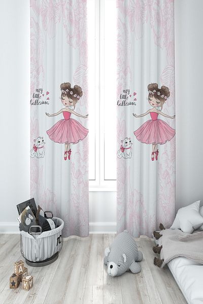 MEKTA HOME BABY AND KIDS ROOM Ballerina Girl and Cat Patterned Motif 2 Wings Background Curtain