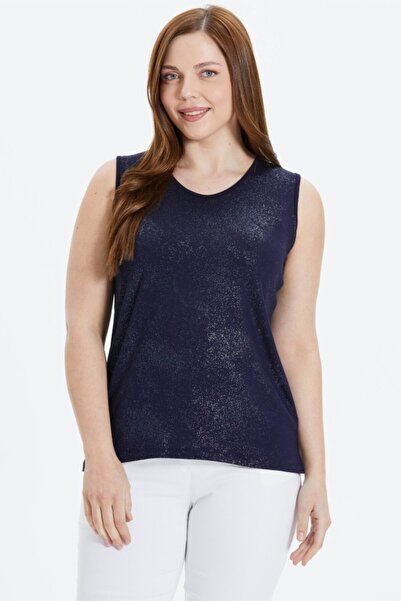 Selen Giyim Büyük Beden Önü Sim Varaklı Kolsuz Penye Bluz