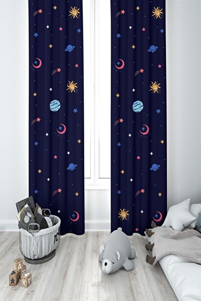 MEKTA HOME Çocuk Odası Bebek Odası Gezegen Desenli Fon Perde 2 Kanat Mkt-037