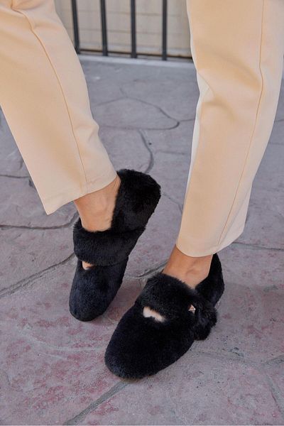 NILUFARR Milky Black Plush Women's Ballerinas