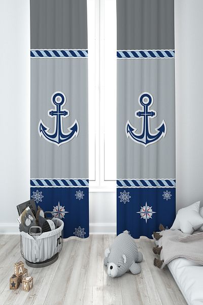MEKTA HOME BABY AND KIDS ROOM Blue Anchor Patterned 2 Wing Background Curtain