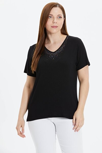 Selen Giyim Büyük Beden V Yaka Renkli Taşlı Penye Bluz