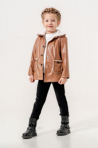 Minigimin Cicileri Girl's Little Flowers - Welsoft Leather, Coat Pocket Detailed Set, Brown