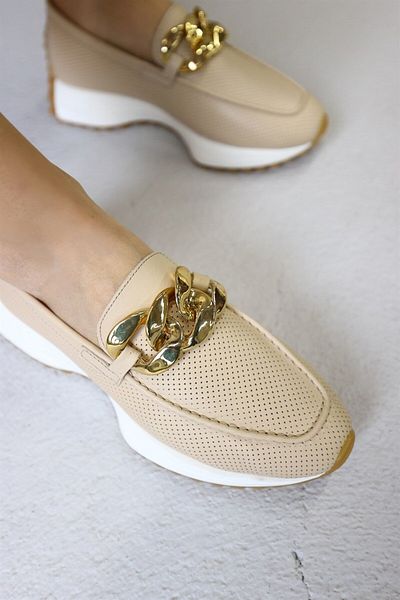 NILUFARR Pantofi de damă Darius Beige din piele naturală cu accesorii cu lanț