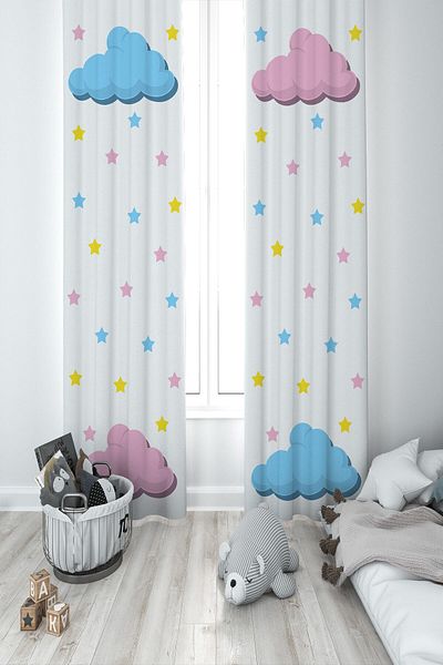 MEKTA HOME Baby and Children's Room Cloud and Colorful Stars Two Wing Background Curtain Mkt-227