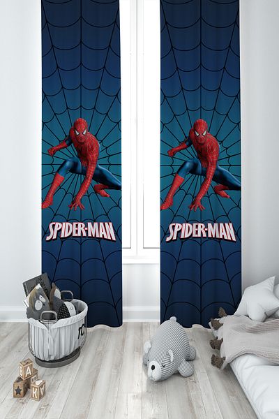 MEKTA HOME BABY AND KIDS ROOM Spider Man Patterned Navy Blue 2 Wings Background Curtain