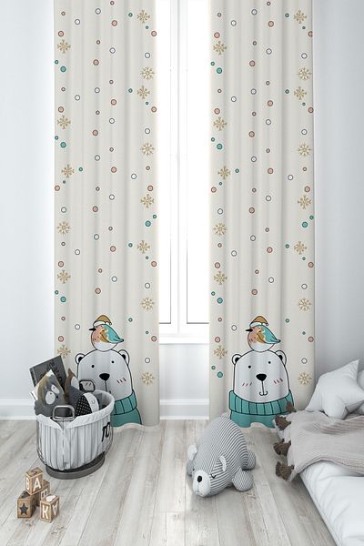 MEKTA HOME BABY AND KIDS ROOM Polar Bear Patterned 2 Wing Background Curtain