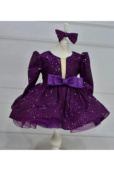 ELLUSSİ Plum Colored Sequined Girl's Fluffy Dress - Low-cut and Feather Detail