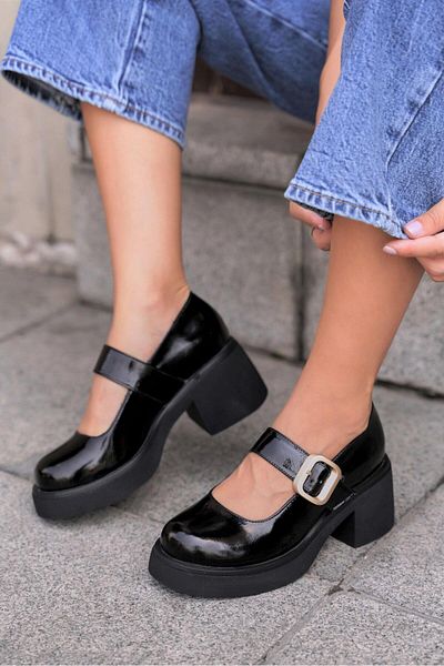 NILUFARR Claudia Black Patent Leather Thick Heeled Women's Shoes