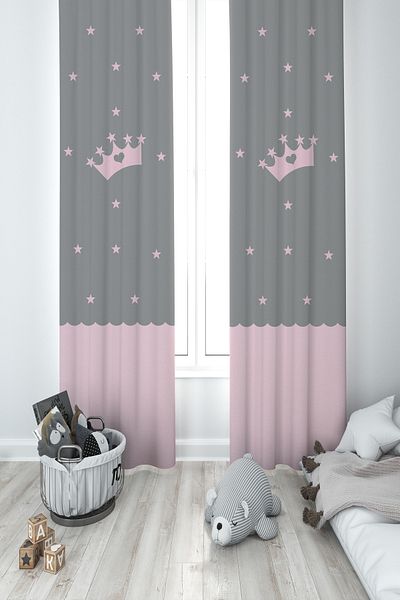 MEKTA HOME BABY AND KIDS ROOM Crown Star Patterned Framed 2 Wing Background Curtain