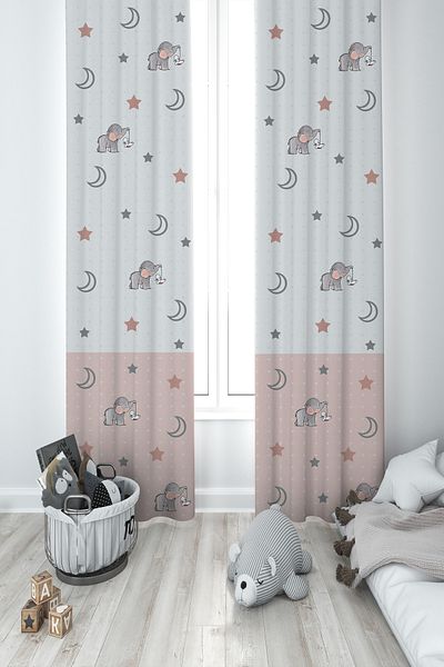 MEKTA HOME BABY AND KIDS ROOM Cute Baby Elephant Patterned 2 Wings Background Curtain