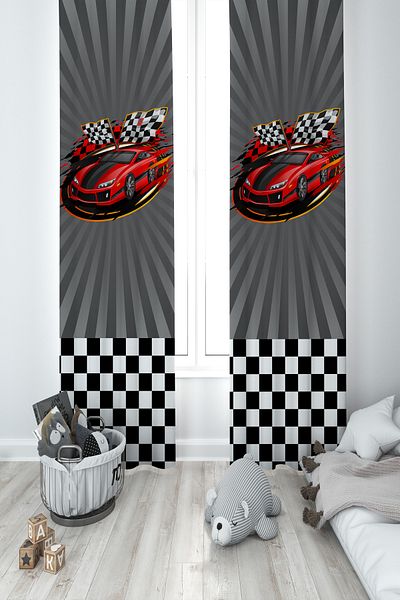 MEKTA HOME BABY AND KIDS ROOM Red McQueen Patterned 2 Wing Background Curtain