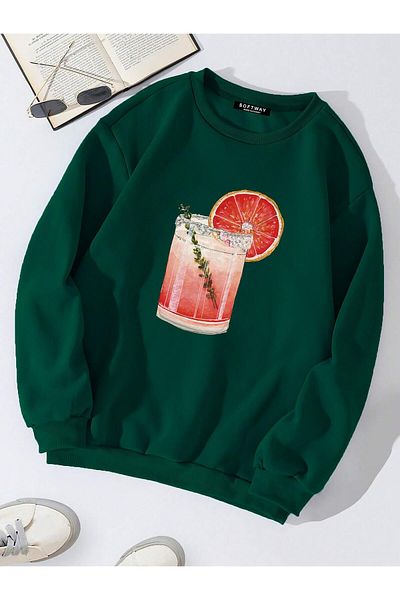 SOFTWAY Unisex Oversize Crew Neck - Σκούρο πράσινο Basic πορτοκαλί κοκτέιλ εμπριμέ φούτερ