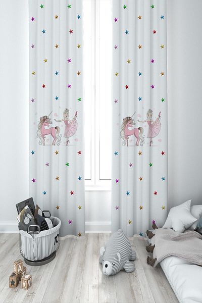 MEKTA HOME Baby and Children's Room Colorful Stars Unicorn and Ballerina Girl Two Wing Background Curtain Mkt-327