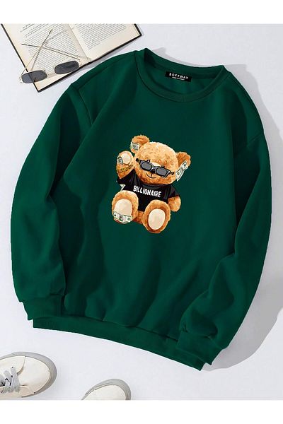 SOFTWAY Φούτερ Crew Neck Unisex Oversize - Σκούρο Πράσινο, Εκτυπωμένο Billionaire