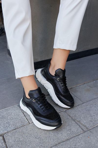NILUFARR Hilary Black Genuine Leather Stoned Women's Sneakers